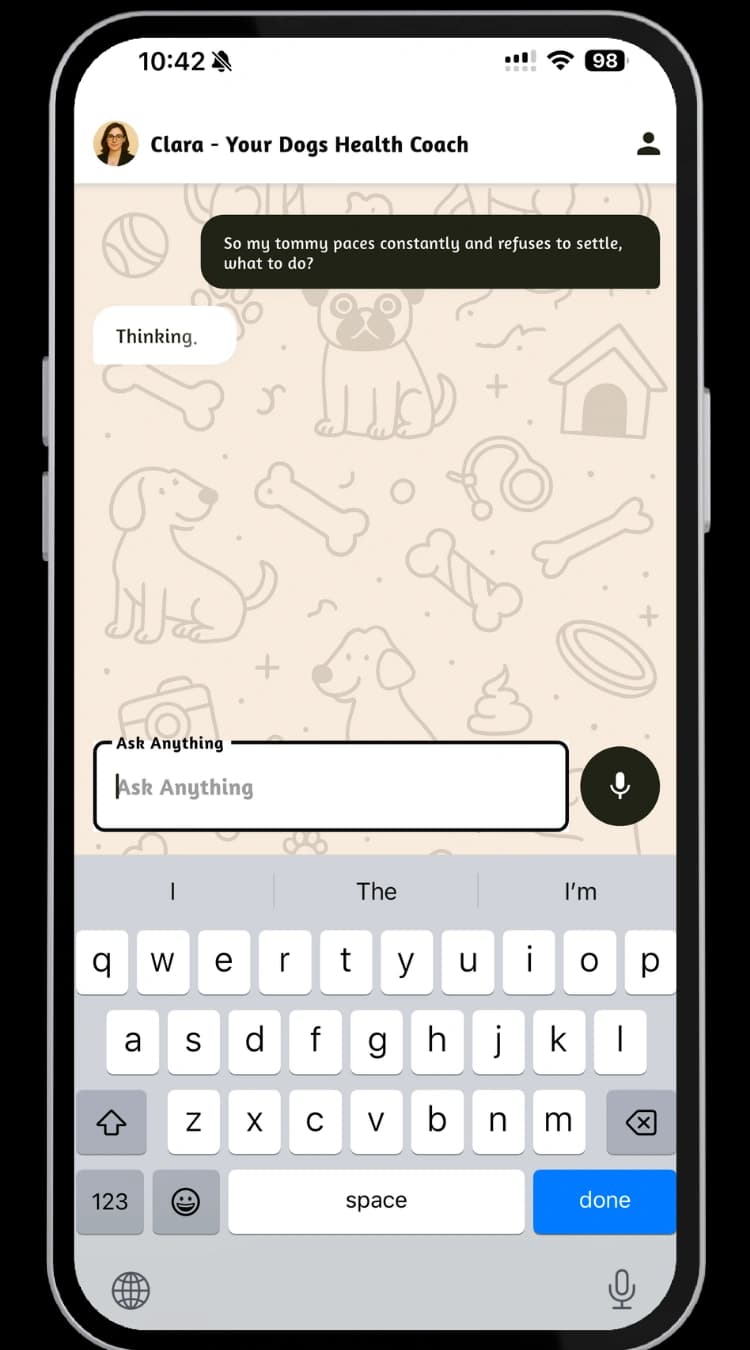 Clara chat interface prompting a dog health question
