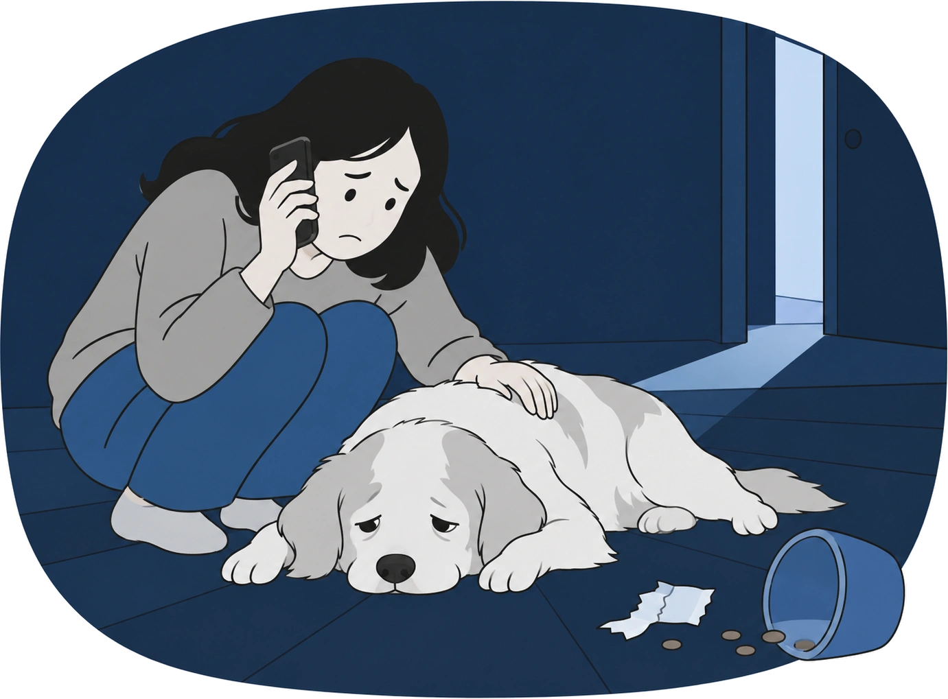 A worried dog parent crouched on the floor at night, phone to their ear, beside their unwell dog and a tipped bowl