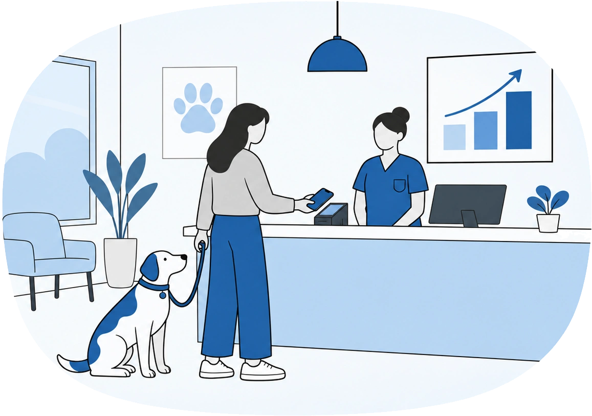Clinic reception with a recurring revenue model illustration
