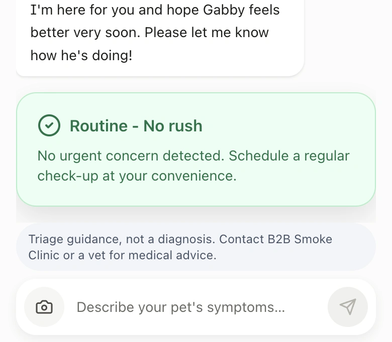 The end of Clara's answer in the clinic-branded app: a single route, routine, no rush, and the note that this is triage guidance, not a diagnosis